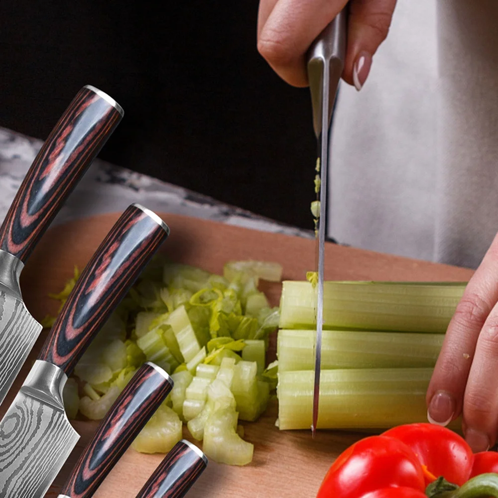 Factory price Super sharp professional stainless steel chef knife pakkawood forge handle laser pattern damascus knife wholesale