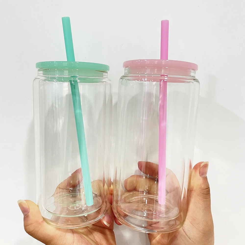 Reusable Coffee pre drilled hole snow globe beer 12oz 15oz sublimation double wall beer can glass with plastic lid and straw