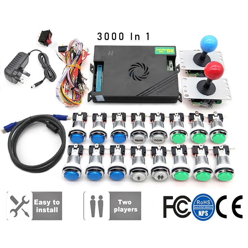 2 Player Original Pandora Box DX 3000 Kit Sanwa Joystick, Chrome LED Push Button DIY Arcade Machine Home Cabinet with Tutorial