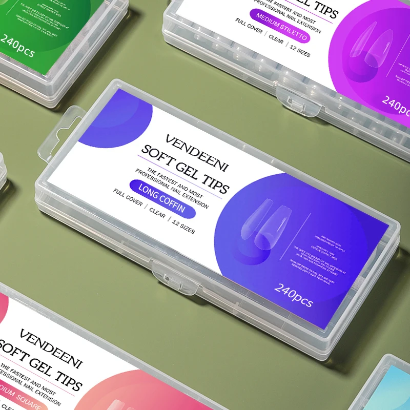 Acrylic Soft Gel Tips Full Cover OVAL MEDIUM 240 PCS Gel False Clear Extra Long Private Label Press on Nail Tips with Box