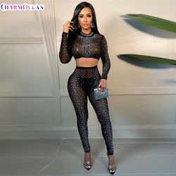 2022 R11126 - pants and crop top sexy rhinestones mesh see through transparent sheer long sleeve women outfits plus size