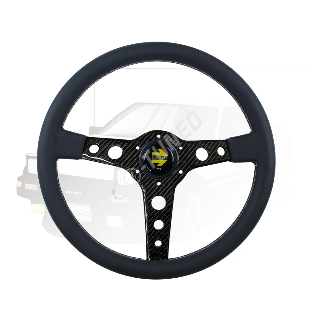 345mm/13.58inch JDM Racing Prototipo Style 6-Bolt Carbon Fiber Spoke Black Leather Steering Wheel With Logo Horn Button
