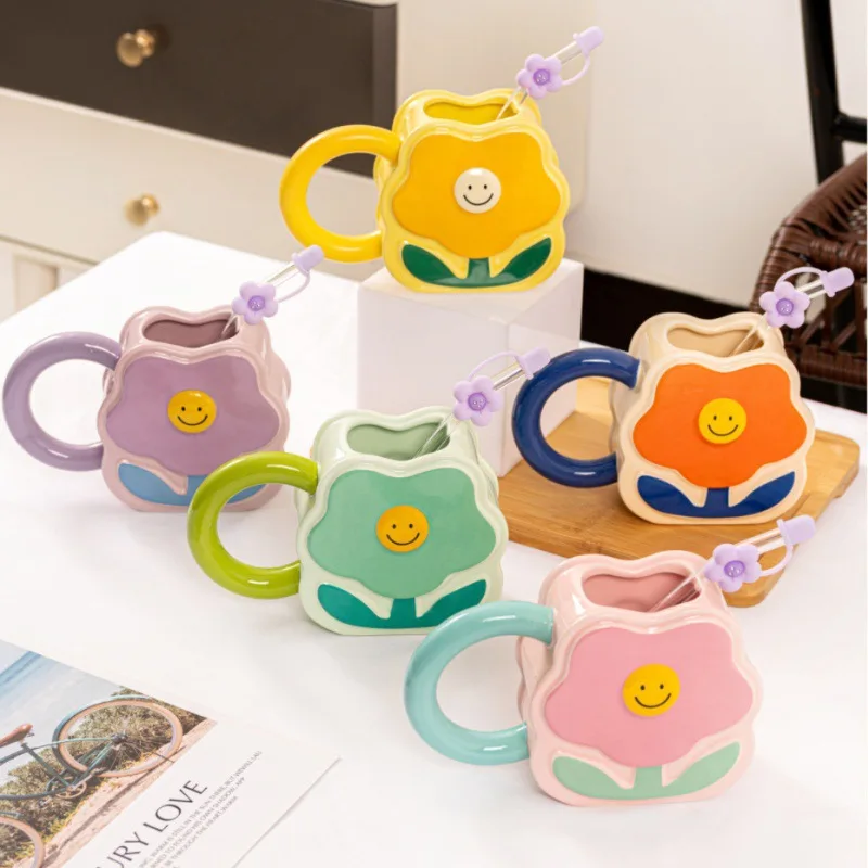 Cute Cartoon Creative Student Kids Cute Smiley Flower Straw Ceramic Cup Milk Coffee Mug