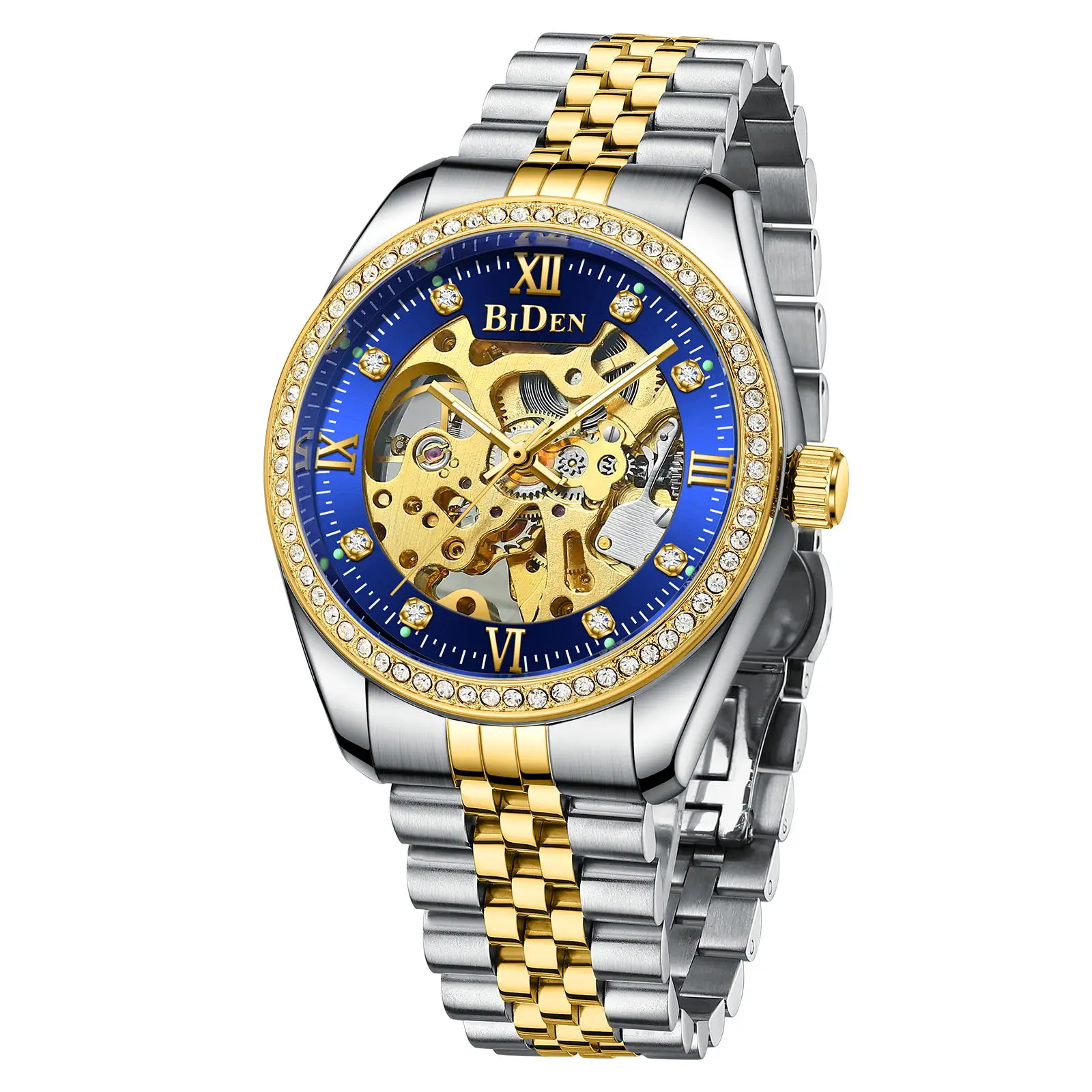 BIDEN new arrival luxury diamond skeleton gold stainless steel mechanical watches in wristwatch