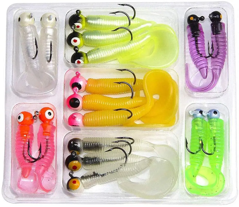 Soft Bait Jig Heads Set 17pcs Plastic Worm Fishing Lures with Lead Head Jig Hooks Tube Jigs Fishing Gear Tackle for Bass Trout