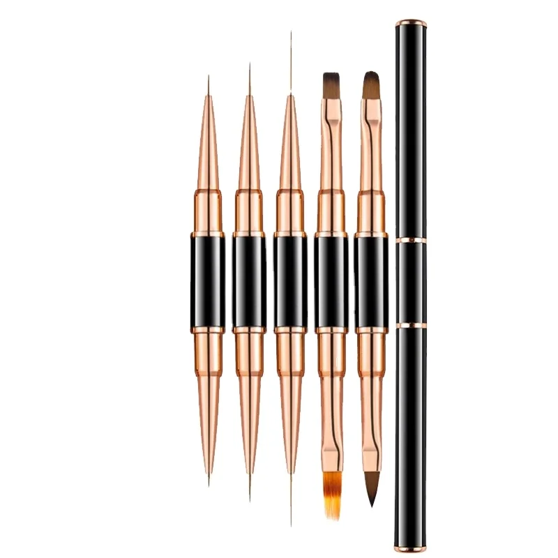 Private Label High Quality Black Double Tip Dual-end Nail Art Brush set Liner Brush Painting Brush with Metal Handle Nails Tools
