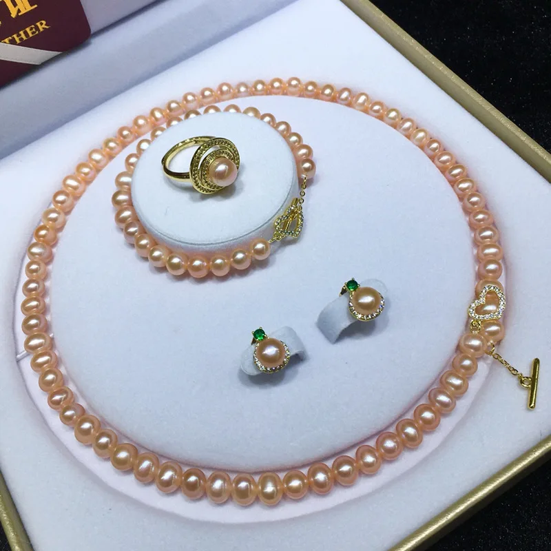 SINOCRE Sinocre Jewelry Natural Freshwater Pink Real Pearl Necklace Earrings Bracelet Ring Pink Pearl Jewelry Set