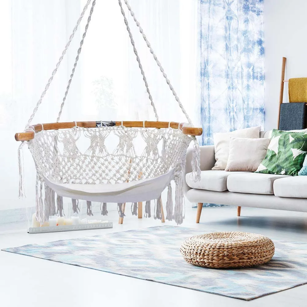 Hammock Chair Macrame Swing, Wide Bamboo Back Support Handmade Knitted Hanging Cotton Rope Hammock Swing Chair for Indoor Outdoo