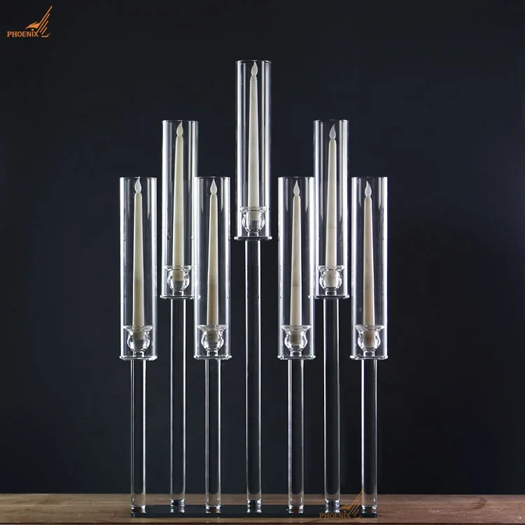 Wholesale rectangle shape 7 arms crystal pillar candle holder glass tube candelabra centerpiece wedding party decor
