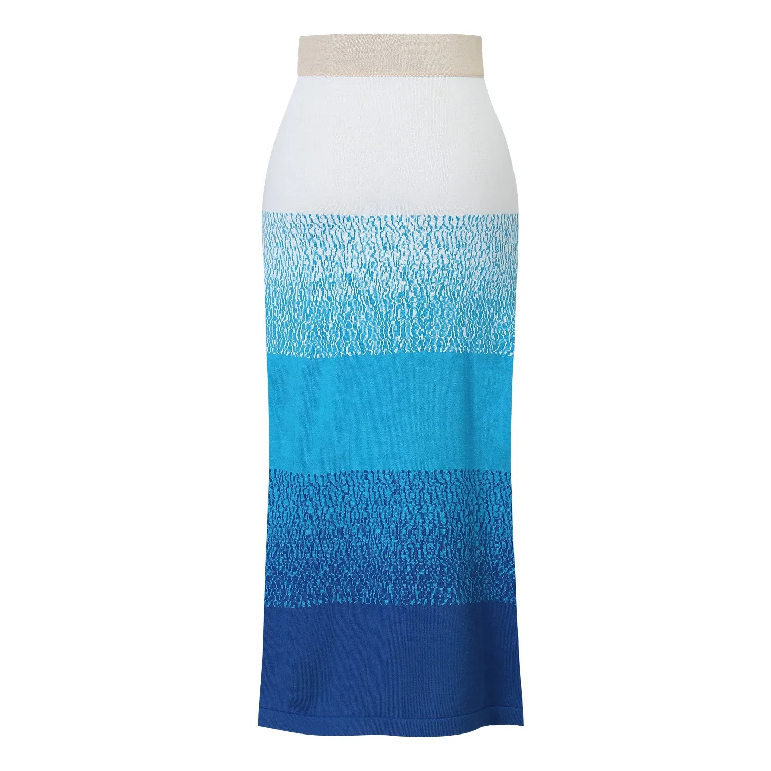 Custom Designer Korean Summer Clothes for Women Elegant Blue White Gradient Tie Dye Panelled Midi Pencil Knit Female Skirt 2024