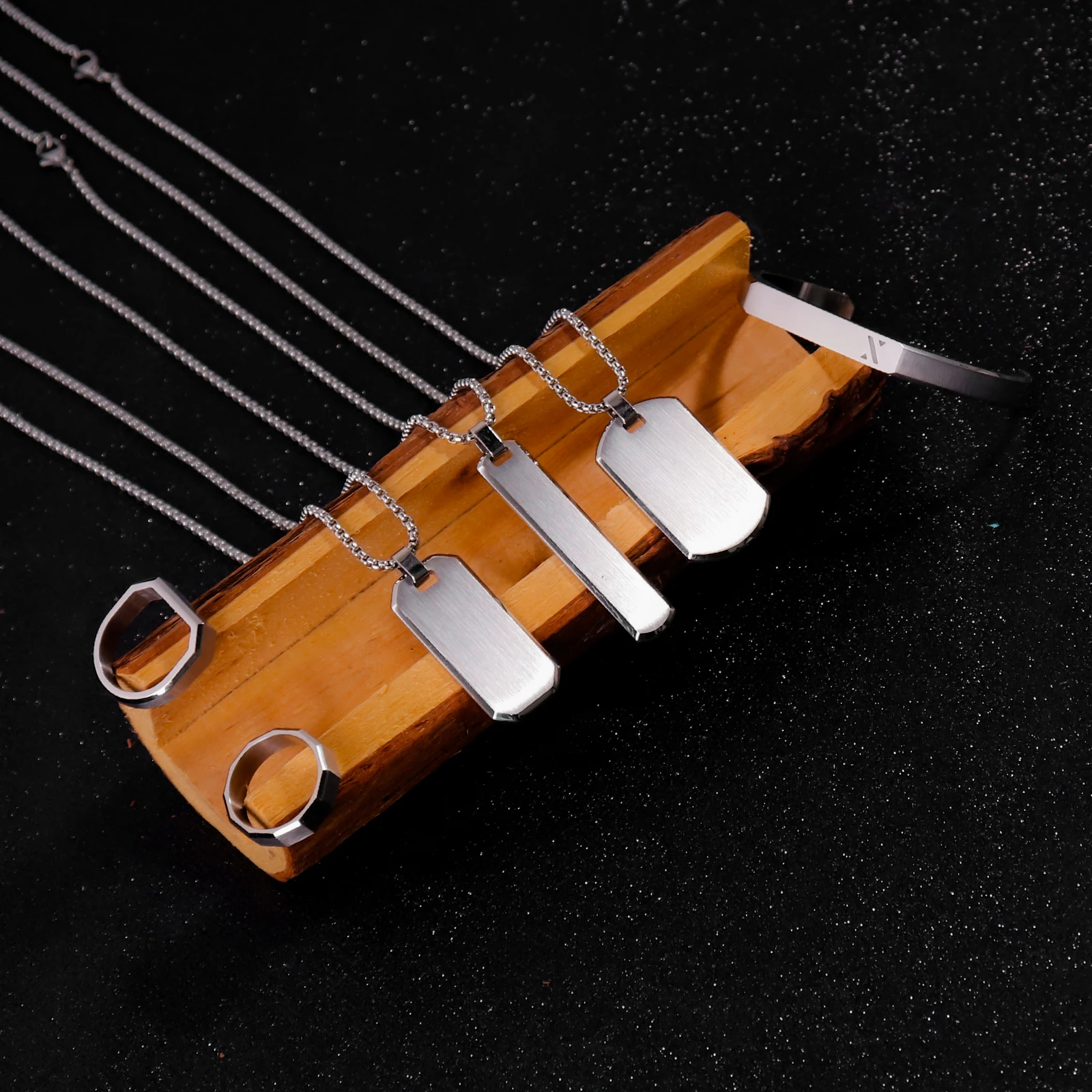 Fashion Custom Logo Personalized Name Men Bangle Ring Necklace Stainless Steel Jewelry Set For Men