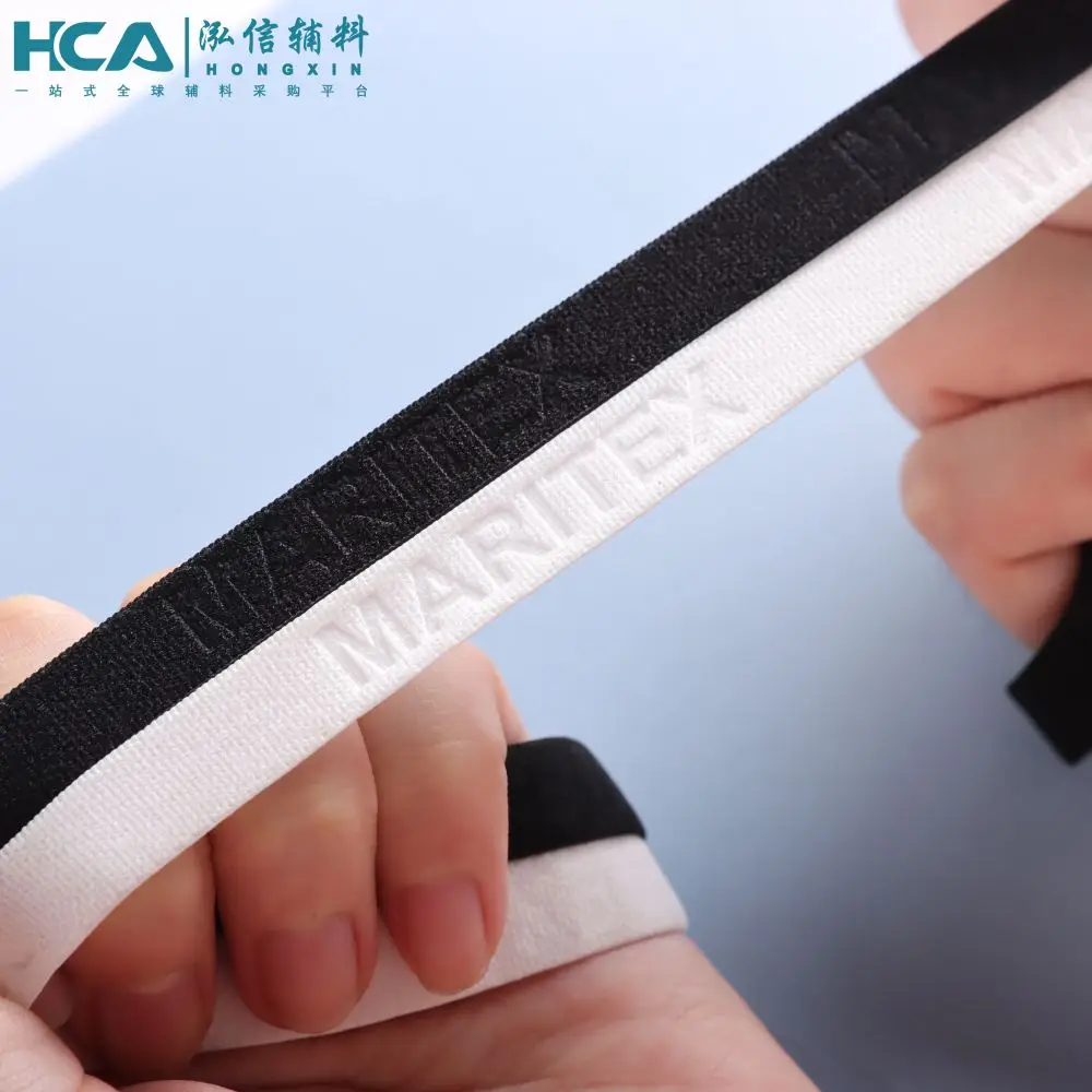 1cm High Quality Black White debossed Logo T shirt Hoodie Neck Elastic Tape for Garment