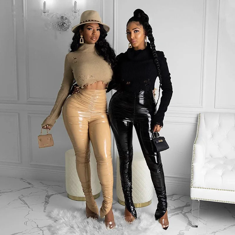 Новинка 2021, трендовые брюки из искусственной кожи, облегающие однотонные латексные брюки, черные кожаные брюки для женщин