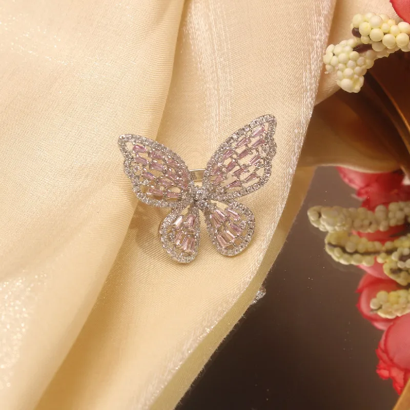2021 Jewelry Women Beautiful CZ Micro Zircon Butterfly Open Ring Silver Rhinestone Vibrator Butterfly Ring For Party