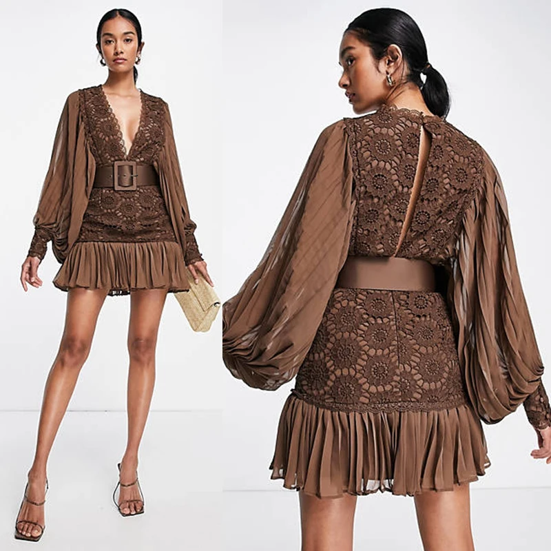 High quality stylish lace mini dress pleated sleeve hem work elegant dresses with satin belt