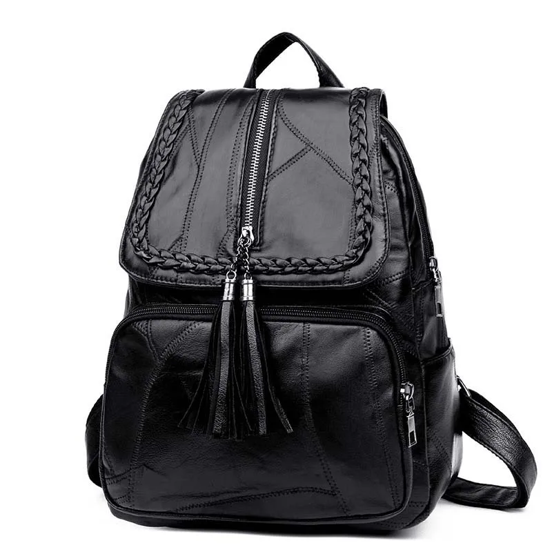 Hot sale Big capacity black leather college travel backpack women laptop bag back packs ladies shoulder bags