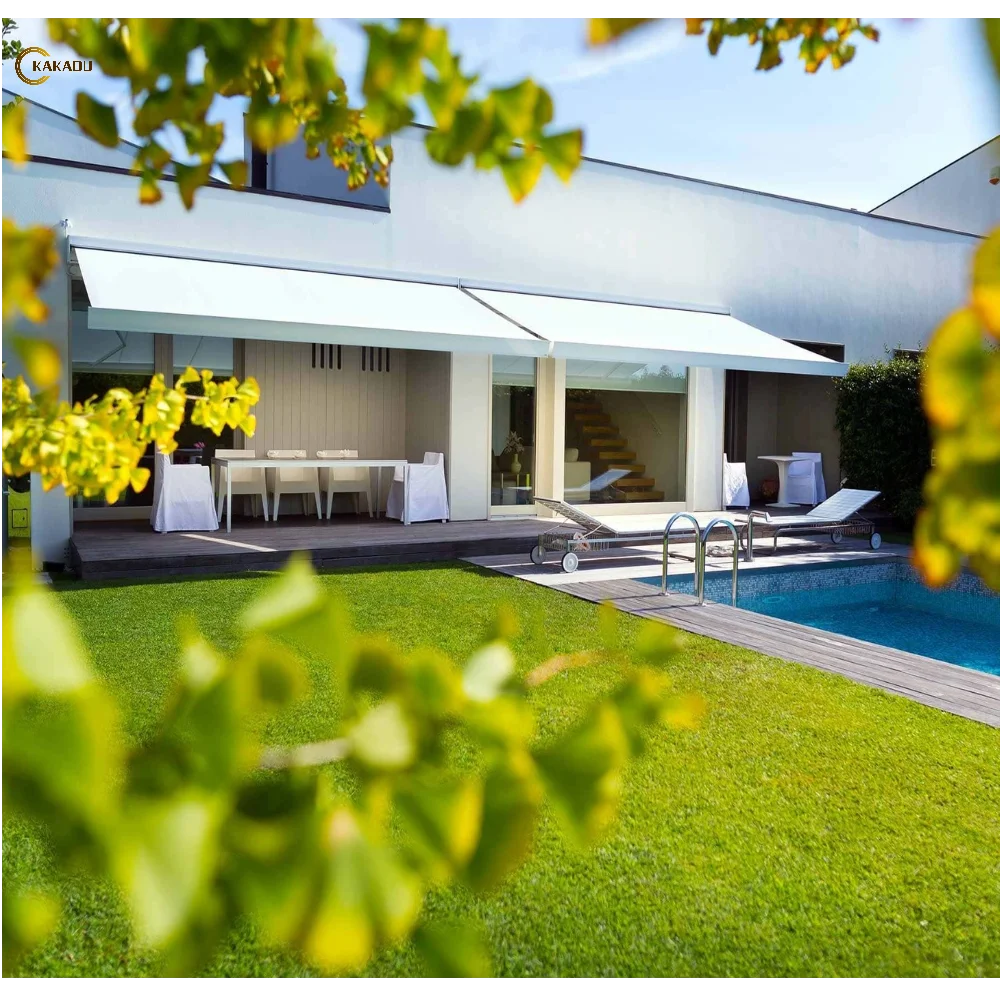 KAKADU Waterproof Electric Acrylic Fabric Aluminum Frame Full Cassette Retractable Arm Awning Outdoor With LED Light