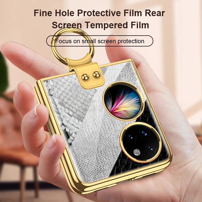Luxury Leather Plating Hard PC 9H Camera Tempered Glass Protective Cell Phone Case For Huawei P50 Pocket ZFlip 3