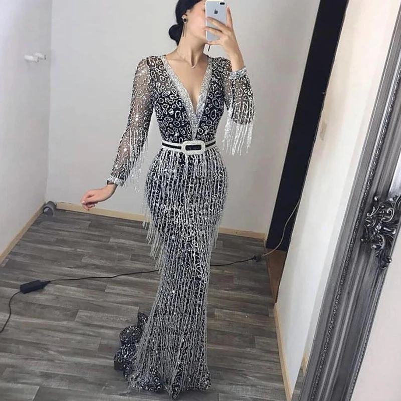 New style prom dresses party maxi sequin evening dress Black + Tassel black sequindress