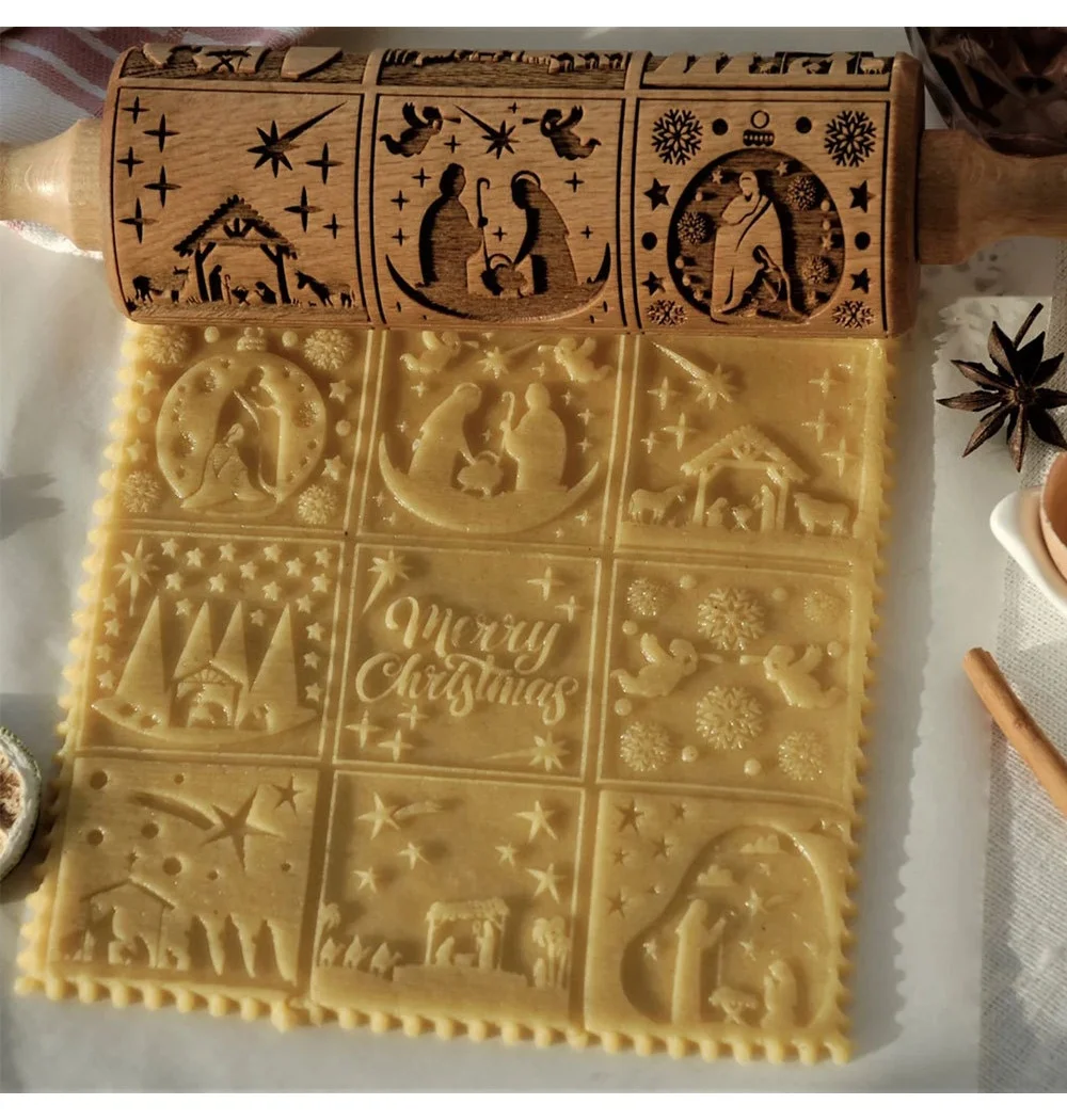 Christmas Jesus Birth Scene Laser Carving Retro Nine Palace Grid Rolling Pin