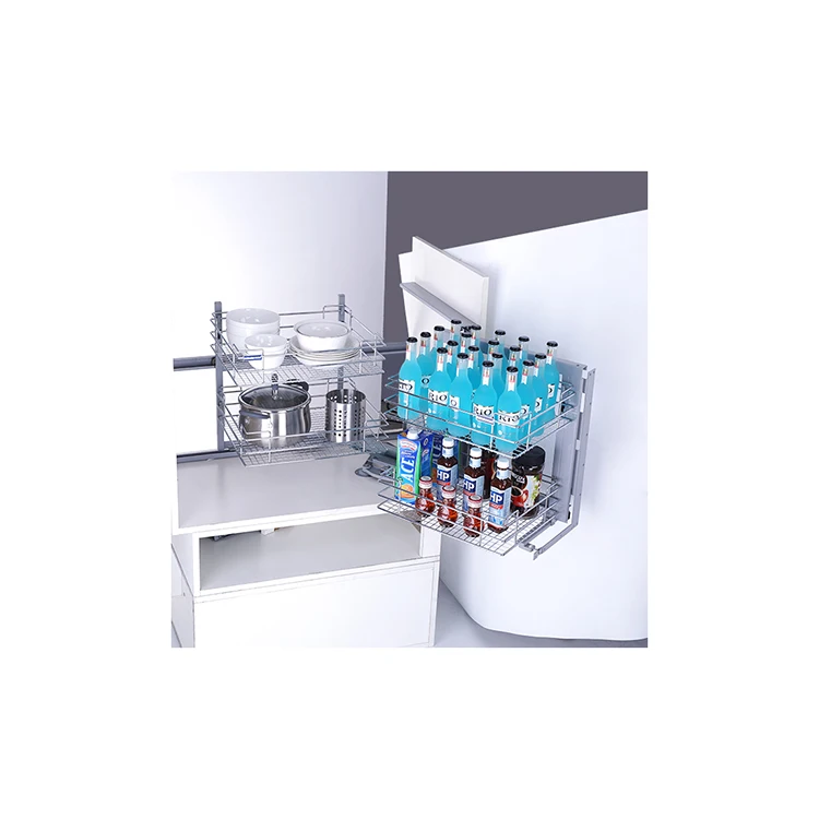 High Quality Wholesale Cheap Kitchen Cabinet Storage Wire Basket Magic Corner 2 Tier Pull Out Basket For Sale
