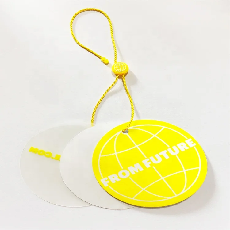 Custom Brand Name Logo and Shape Round Circle Cardboard Clothing Tags Labels Hang Tags for Garments Clear Paper PVC Printed