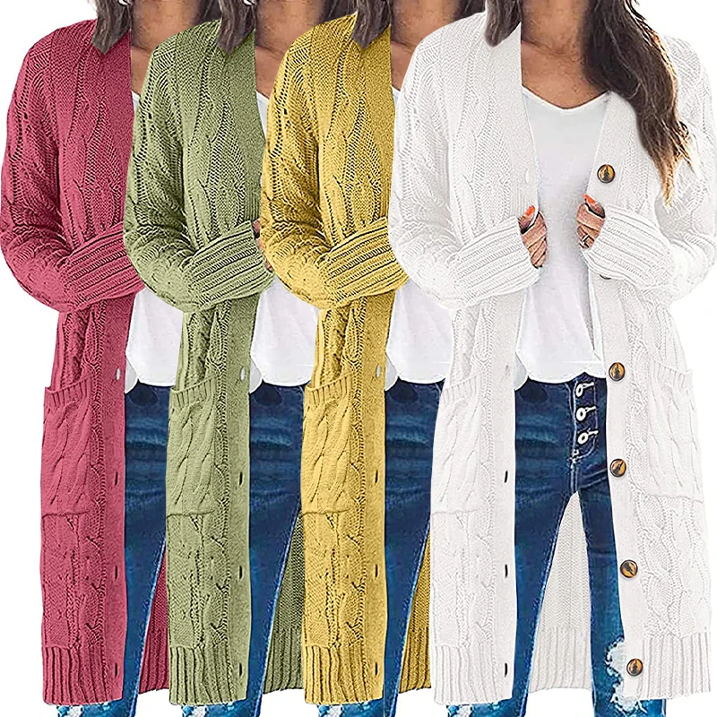 Custom LOGO OEM & ODM    Hot Sell Womens Long Sleeve Cable Knit Long Cardigan Plus Size Open Front Button Sweater