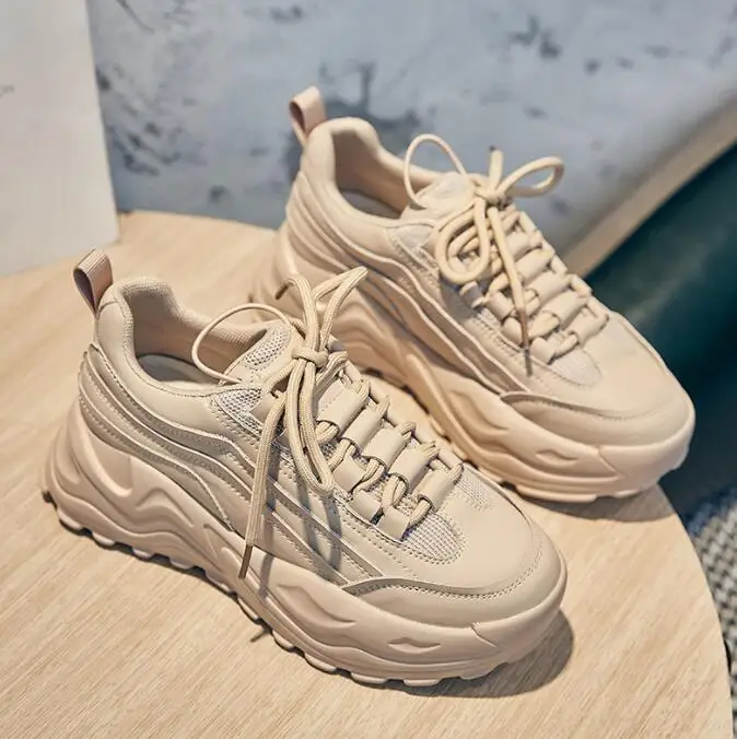 Spring new real soft leather sneakers female student running thick bottom heightening sneakers