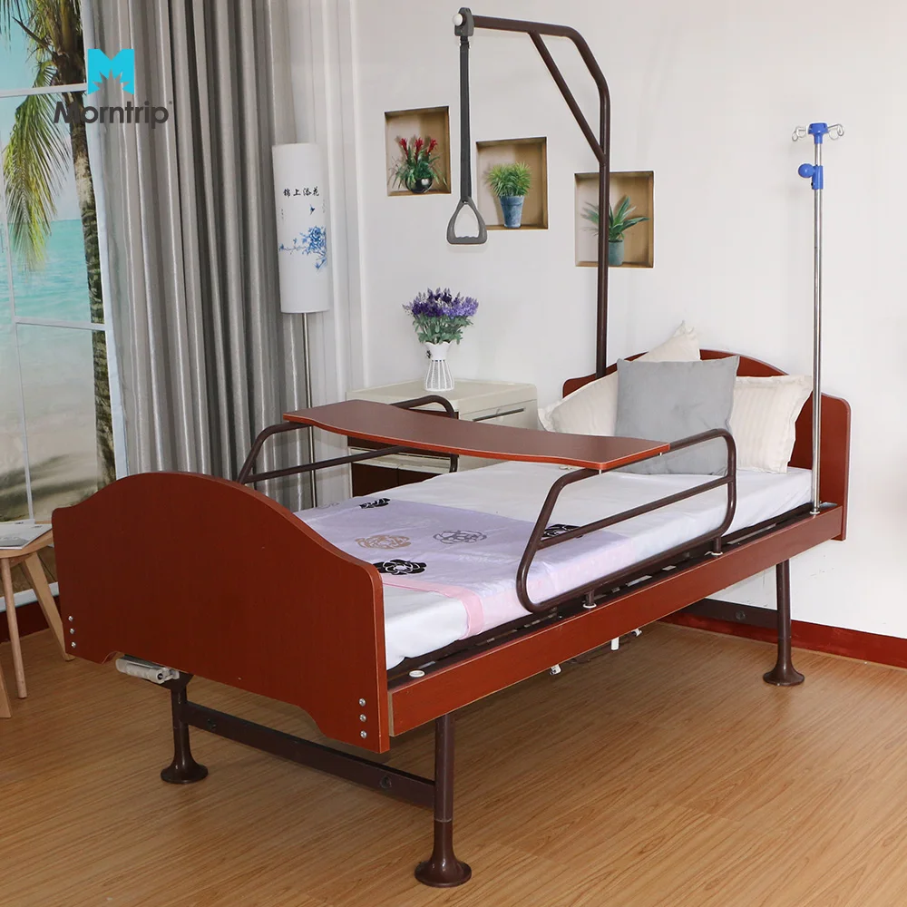 Factory Direct Wooden Nursing Home Patient Recovery Back Lift Fowler Medical Hospital Bed with Over Bed Pole Hoist