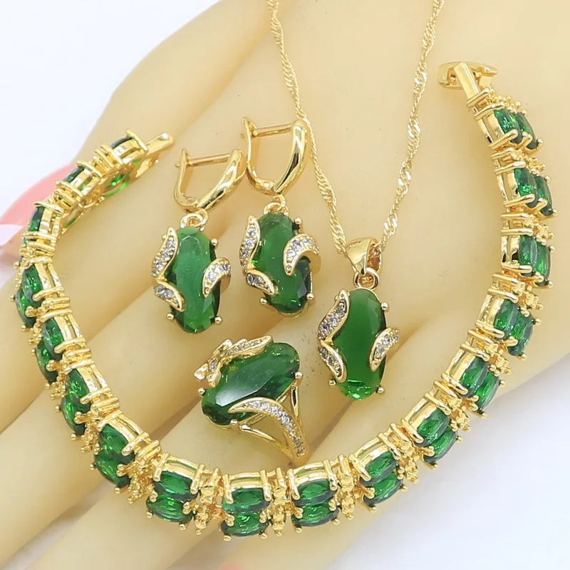 Classic Gold Color Jewelry Sets for Women Green Semi-precious Bracelet Necklace Pendant Earrings Ring Birthday Gift