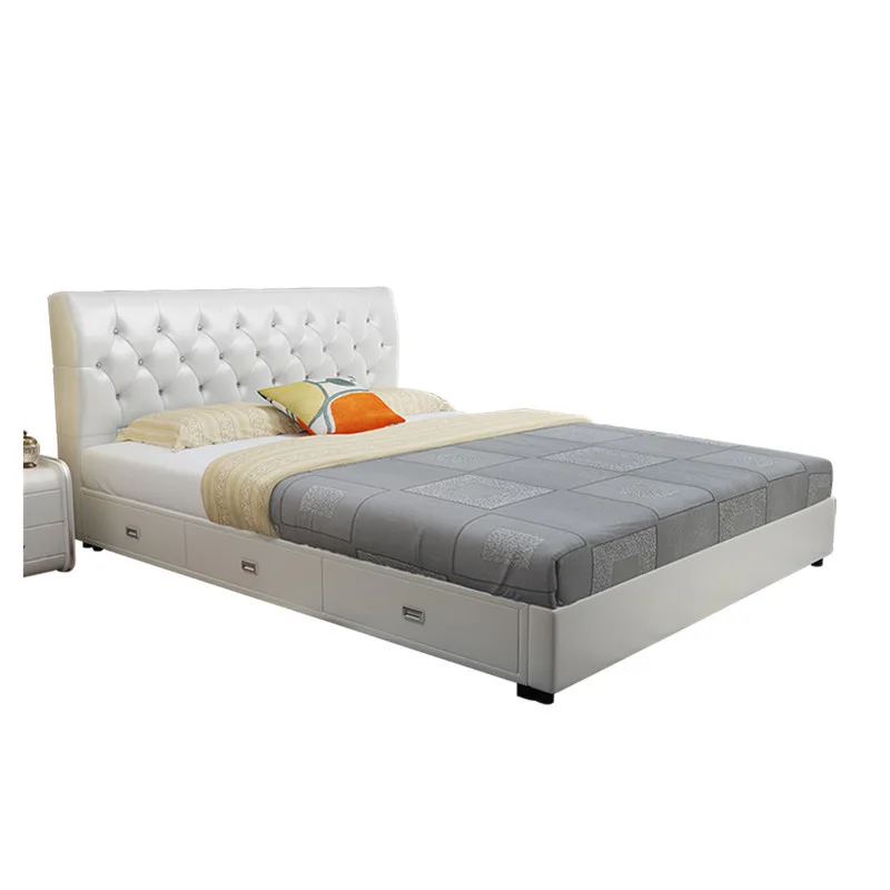 Главная Деревянная натуральная кожа кровать с кожаной задней кроватью дизайн