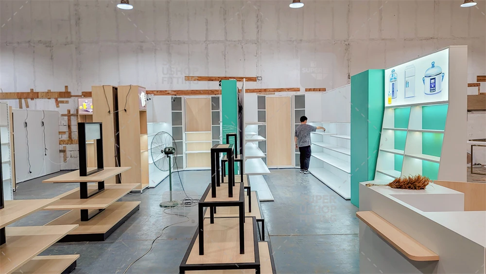 Custom Metal Wooden Gondola Shelving Double-sided Supermarket Shelves Supermarket Advertising Shelf Display with Led