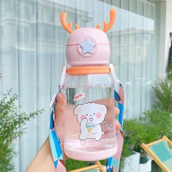600ml Antler Cup Cute Sports Outdoor Strap Water Bottle Plastic Children Straw Water Cup