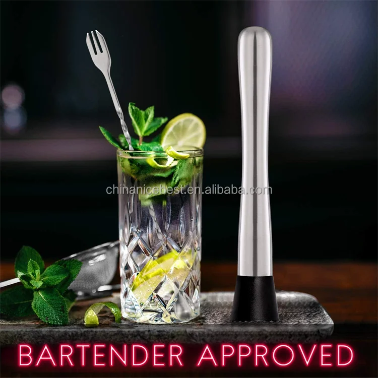 10 Inch Professional Stainless Steel Cocktail Muddler Bar Tool for Creating Mojito Fruit Drink Ice Crusher Stick