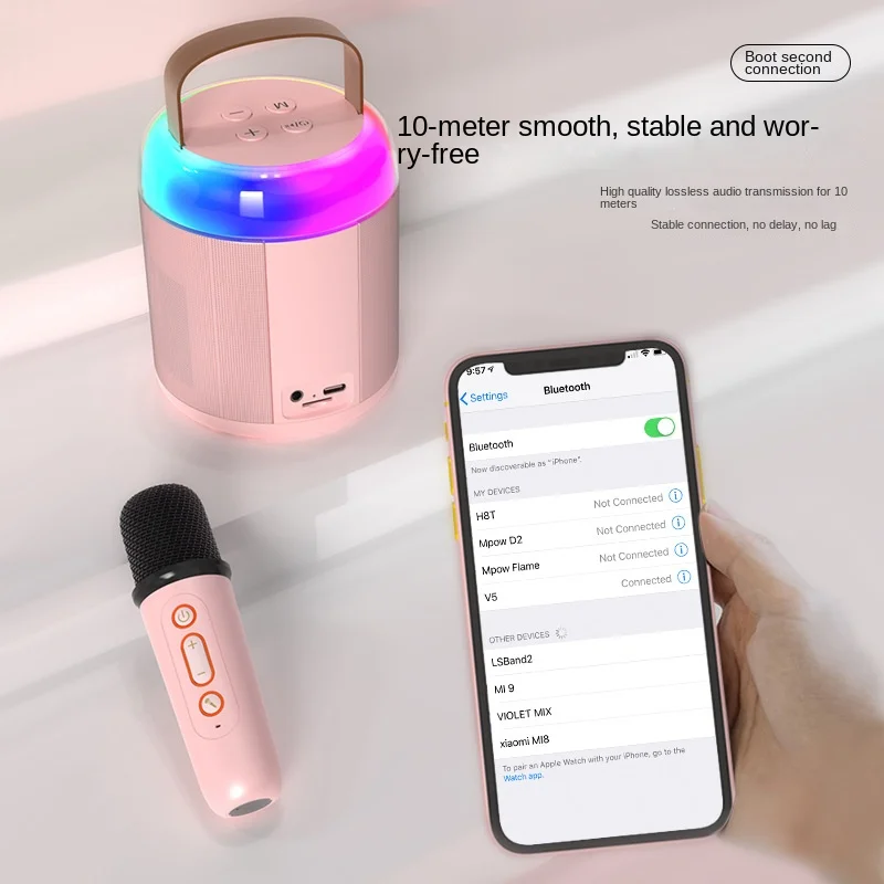 RGB Color Lights Mini Portable Mini BT Karaoke Speaker Handheld Wireless Microphone For Outdoor Family Children