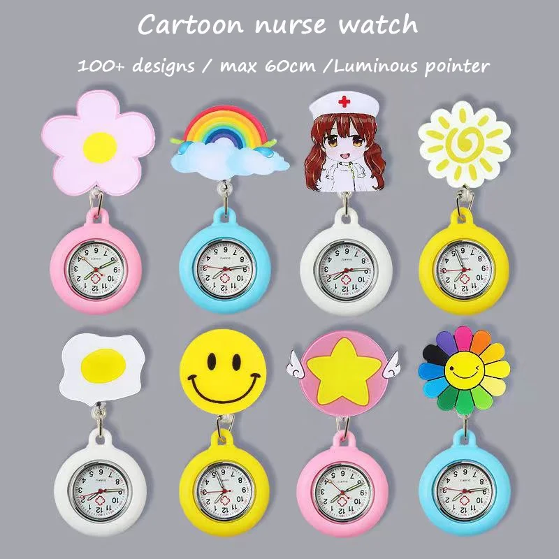 Factory wholesale cute cartoon design stretchable luminous pointer quartz silicone nurse watch with clip