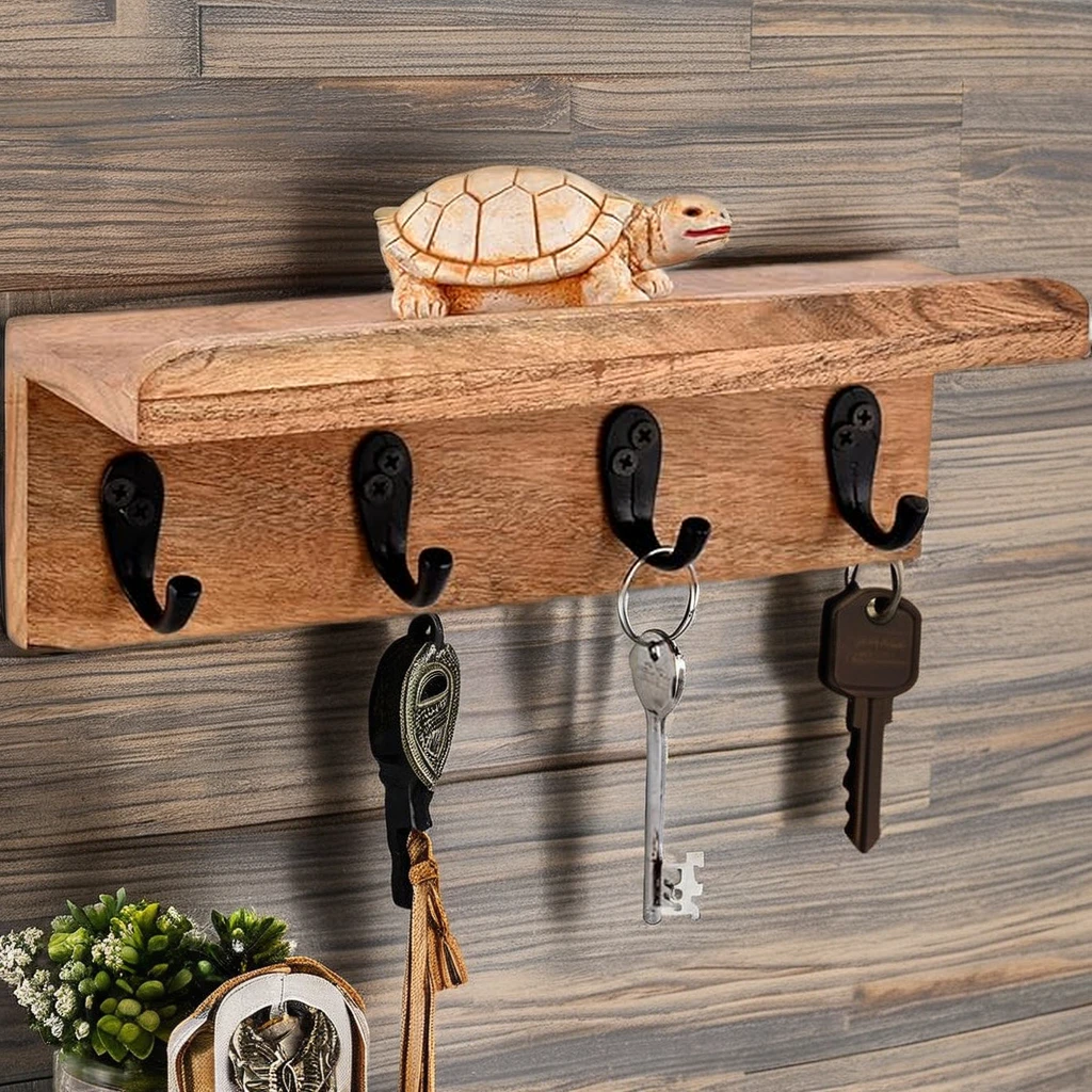 Acacia Wood Rustic Key Holder for Wall, Farmhouse Wall Shelf with 4 Hooks for Entryway Farmhouse Kitchen