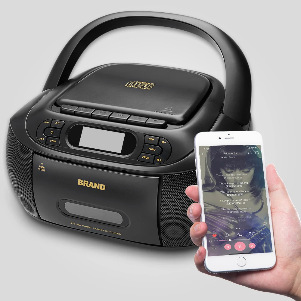 
CD Player Portable Boombox with FM Radio/USBAUX Input and Earphone Jack Output, Stereo Sound Speaker & Audio Player Black 