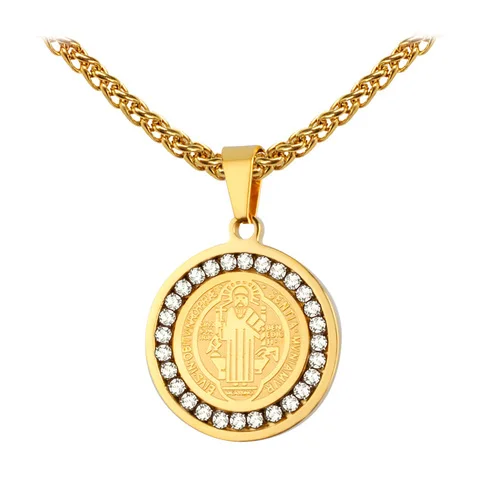 Religious Christian Jewelry Gold Plated Stainless Steel Catholic Saint Benedict Medal Pendant Necklace