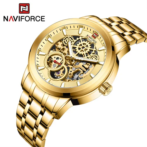 NAVIFORCE 1002 GG Waterproof Stainless Steel Automatic Watch Gold Mechanical Watch Men Creative Big Dial Wristwatch 10ATM Diving