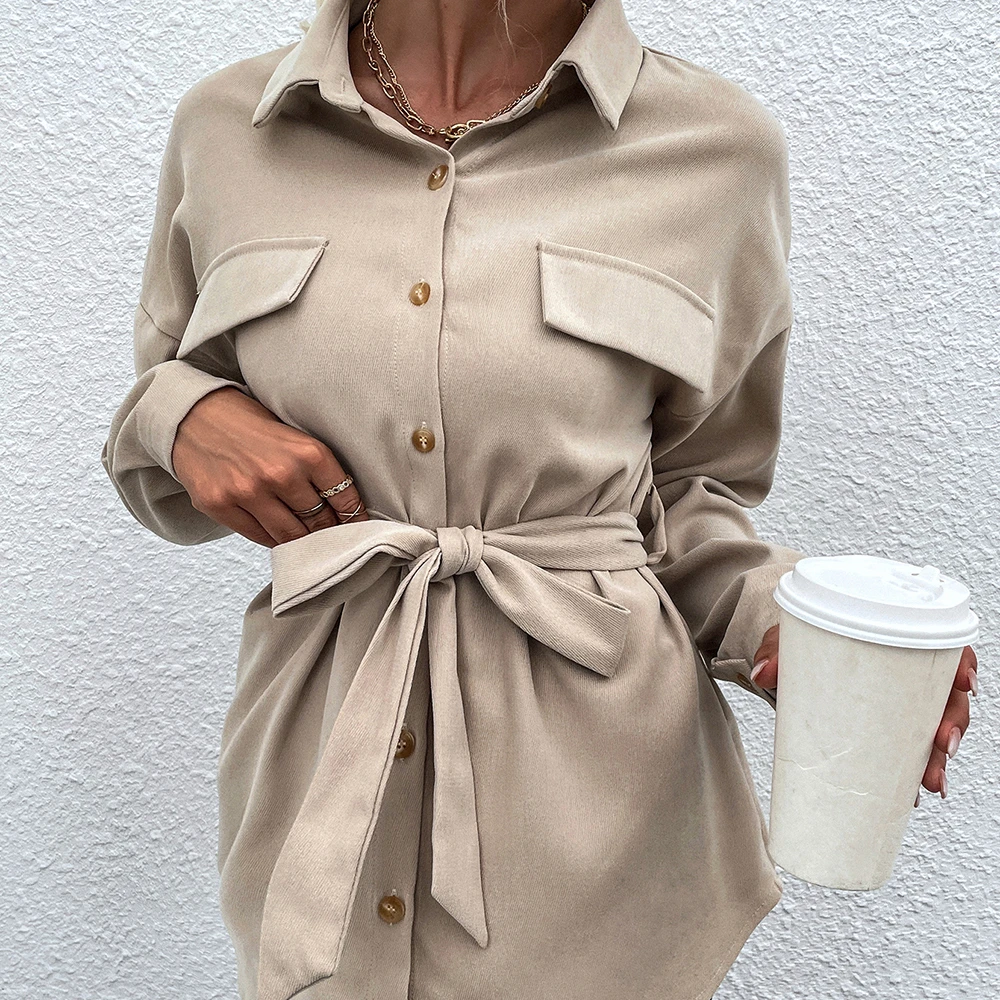 PRETTY STEPS 2022 PS217WC-JK8818 2022 Autumn Womens Beige  Lapel Neck Button Down Belted Pocket Brush Shirts Ladies Casual Coat
