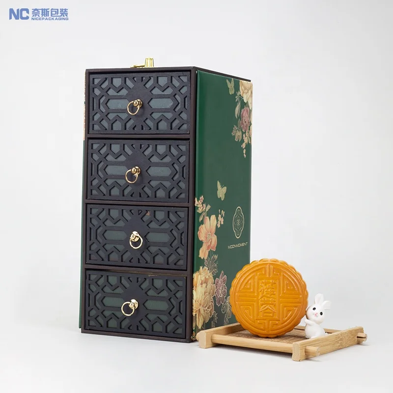 Custom Design 4 Layer Drawer Wooden Gift Box Chinese Style 4 Pack 8 Pack Luxury Mooncake Gift Box With Handle