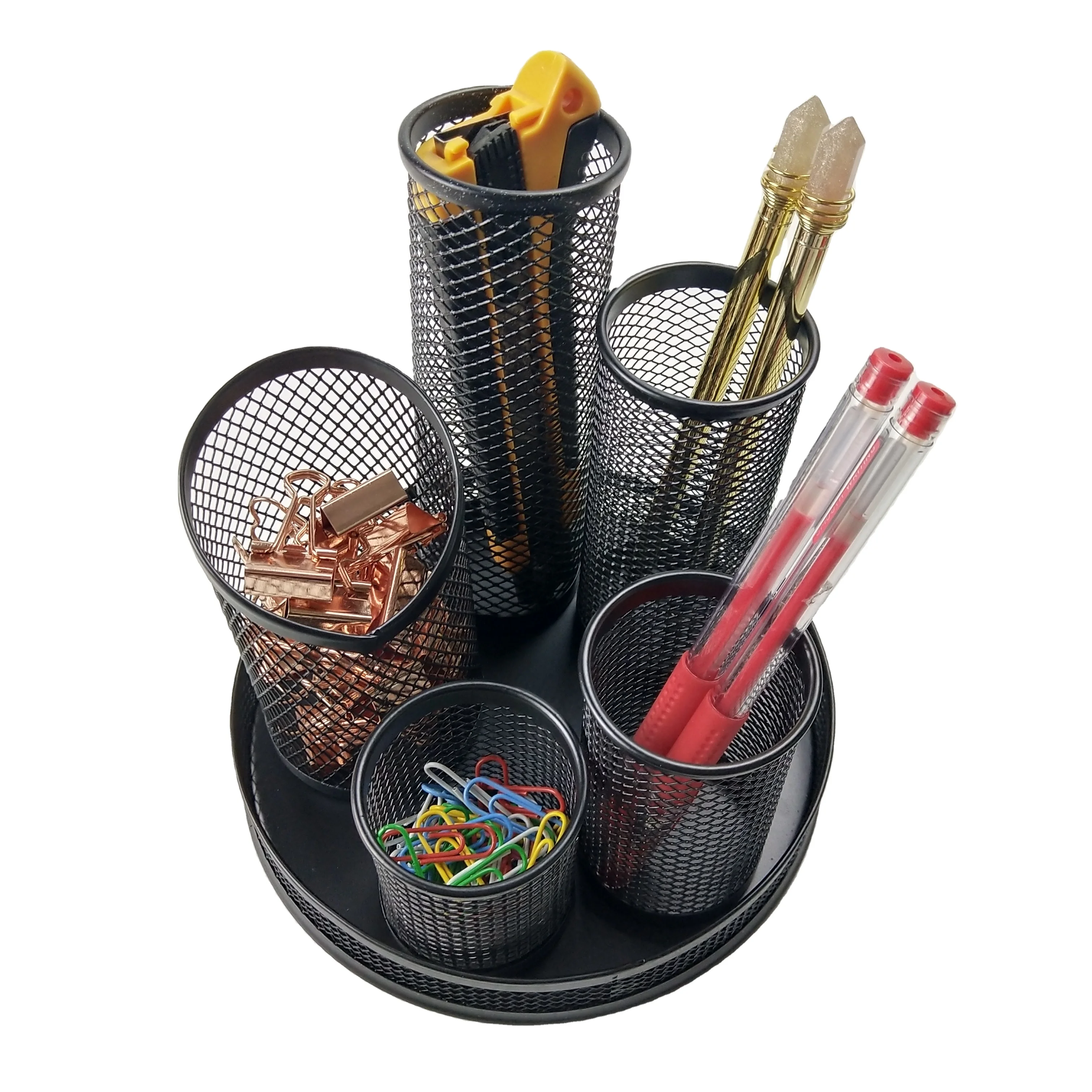 Stationary Accessories Multifunction Metal Mesh 5 Parts  Rotating Display Stand Pen Holders Bottom with Magnet Desk Organizer