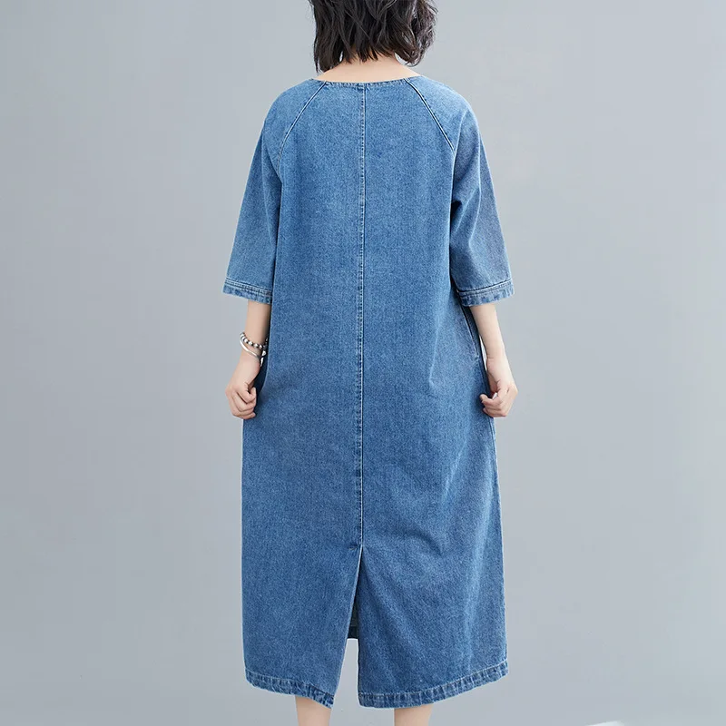 Wholesale Blue A-Line Loose Half Short Sleeve Solid Casual V Neck Fashion Long Cotton Denim Maxi Dress Women Slits With Pockets