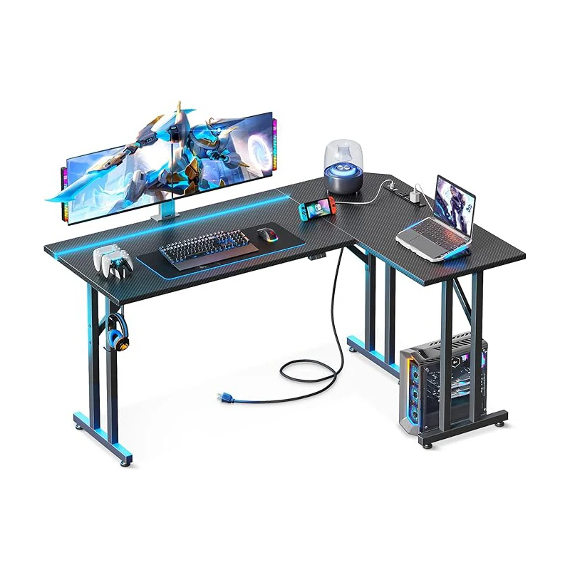 Black Pc Gaming Table with Power Outlet and Headphone Hook L Shaped Gaming Desk with Led Lights