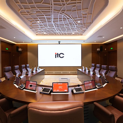 Paperless Motorized Ultra-thin HD pop up screen office room audio video system vertical lcd hidden table monitor with microphone