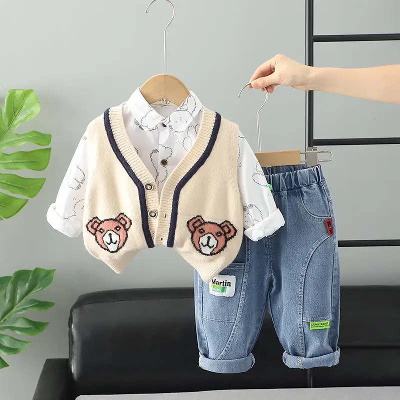 Hot Selling Cartoon Teddy Bear Printed Clothing Set for Toddler Baby 3Pcs Little Boy Clothing Set