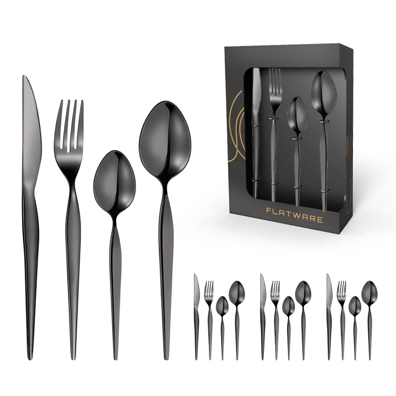 Luxury Mirror Black Restaurant Wedding Portable  16pcs Knife Spoon Fork Flatware Stainless Steel Cutlery Set With window Box