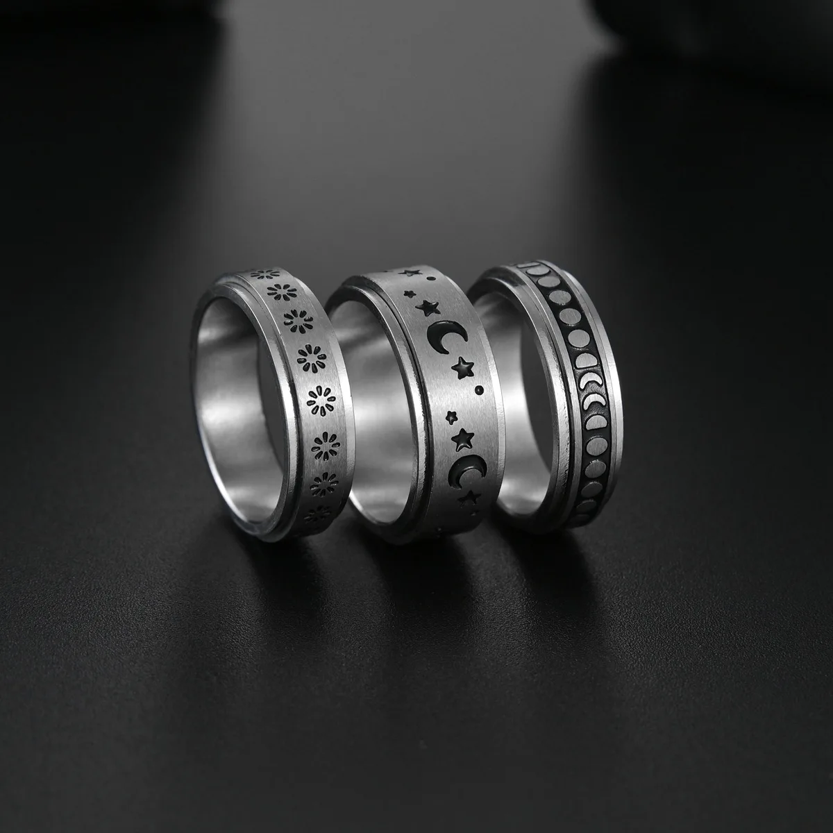 Vintage Rotating Spinning Anxiety Fidget Men Ring Jewelry Moon Star Silver Black Stainless Steel Spinner Anti Anxiety Ring