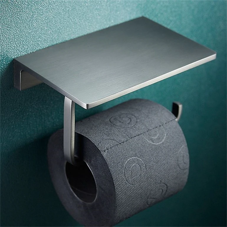 Wall Mounted Toilet Paper Holder Black Color Brass Bathroom Usage With Mobile Phone Shelf